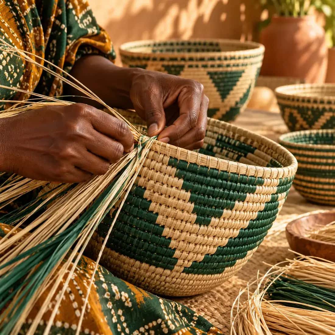 Une artisane tresse un panier