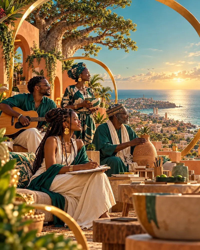 Quatre créateurs partagent musique, écriture et artisanat sur une terrasse face à l’océan, sous des arches dorées.