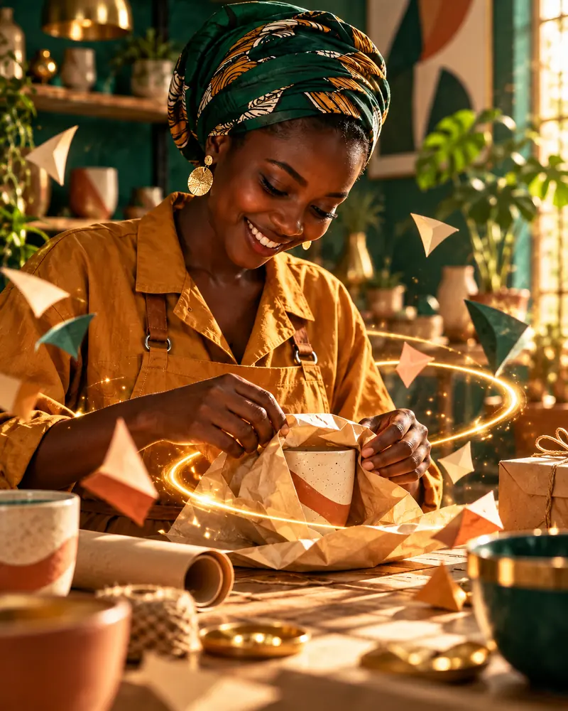 Une créatrice prépare soigneusement une commande dans son atelier.