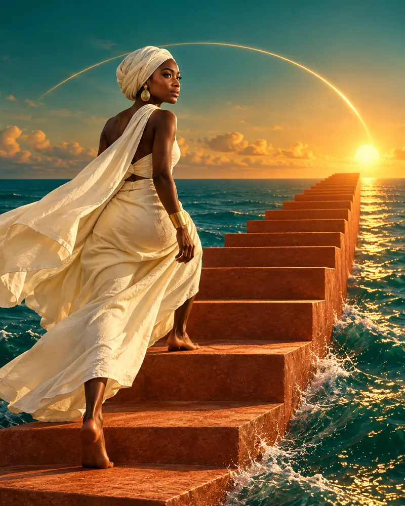 Une jeune femme monte un escalier face à l’Atlantique, sous une arche dorée, au lever du soleil.