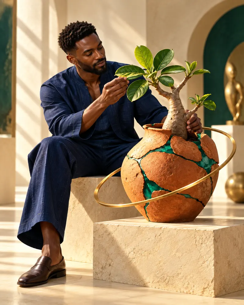 Un artisan prend soin d’une jeune plante poussant dans un vase réparé à l’or, dans un atelier lumineux.