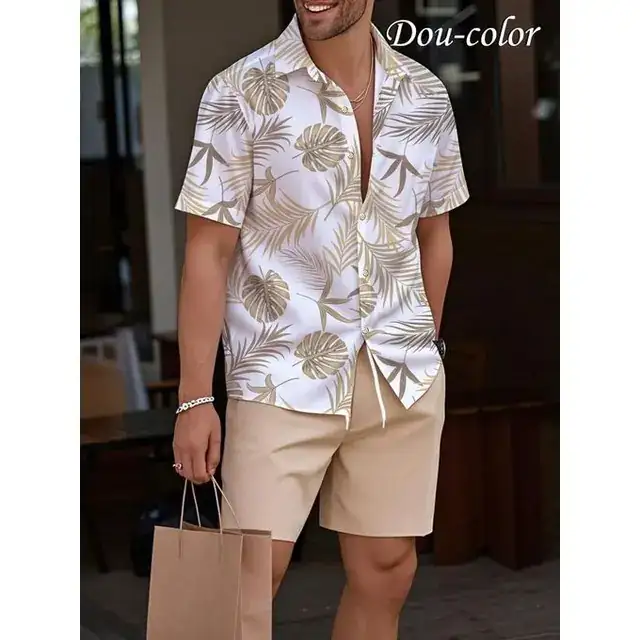 Homme 2-en-1 Hawaiian style casual chemise shorts - blanc marron