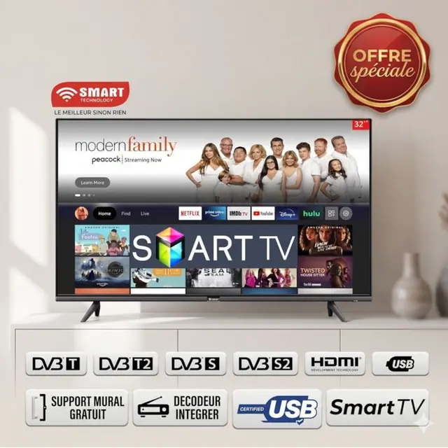 Smart TV LED 32 pouces AOSP + Support Mural Offert (STT-5132SA) - HDMI, USB - Numérique Avec WIFI - Garantie 12 mois