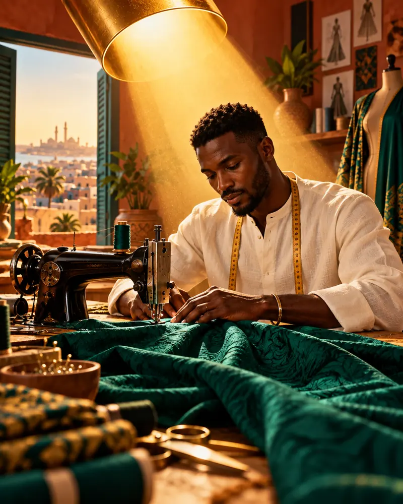 Un couturier au travail dans un atelier éclairé d’or.